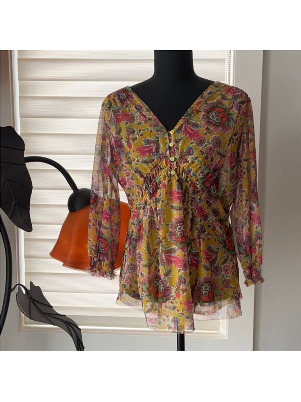 Anthropologie Floral V-Neck Sheer Blouse in Mustard and Pink